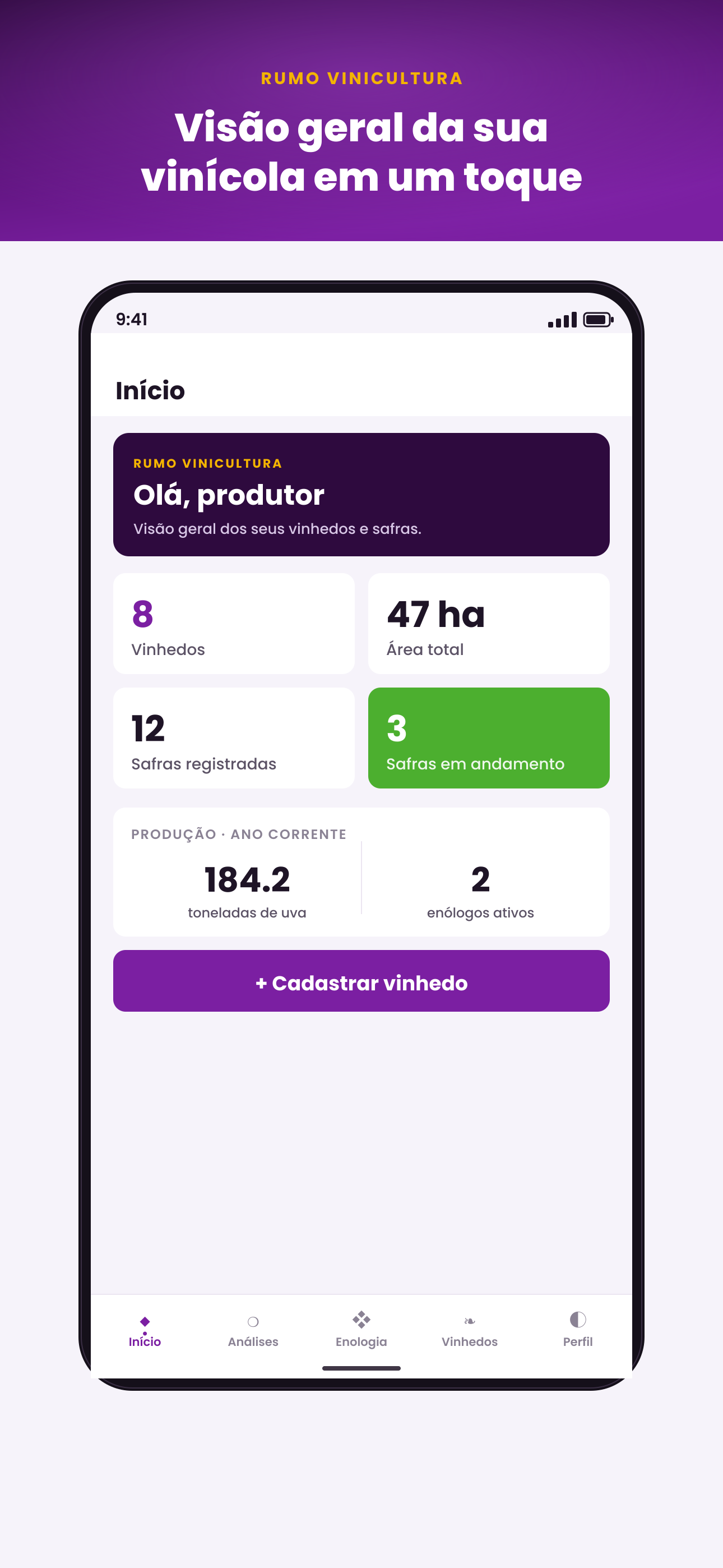 Painel inicial do Rumo Vinicultura mostrando 8 vinhedos, 47 ha, 12 safras e produção em toneladas